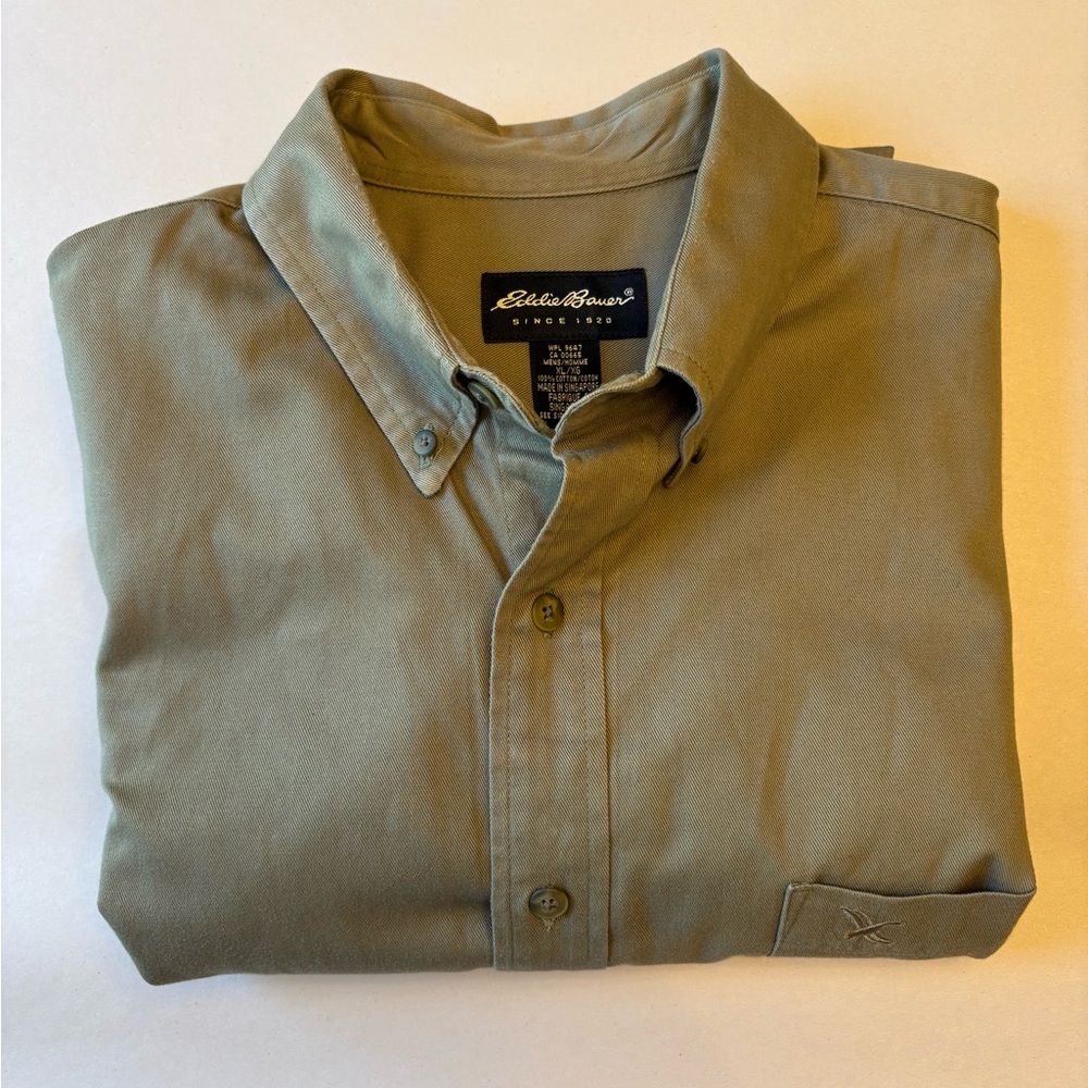 Eddie Bauer Men's Green 100% Cotton Outdoors Canvas Button Down Shirt Size XL